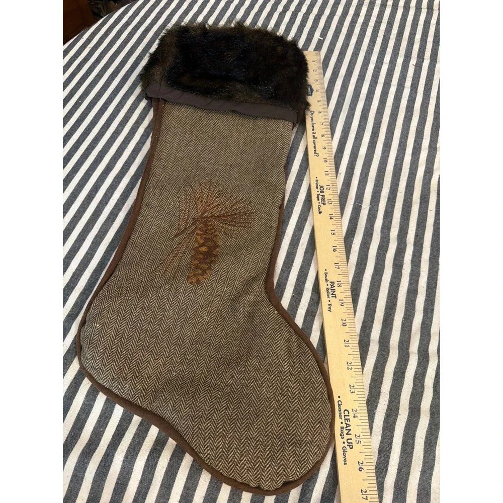 Rustic Herringbone Christmas Stocking Faux Fur Cuff Pinecone Brown Lodge Decor